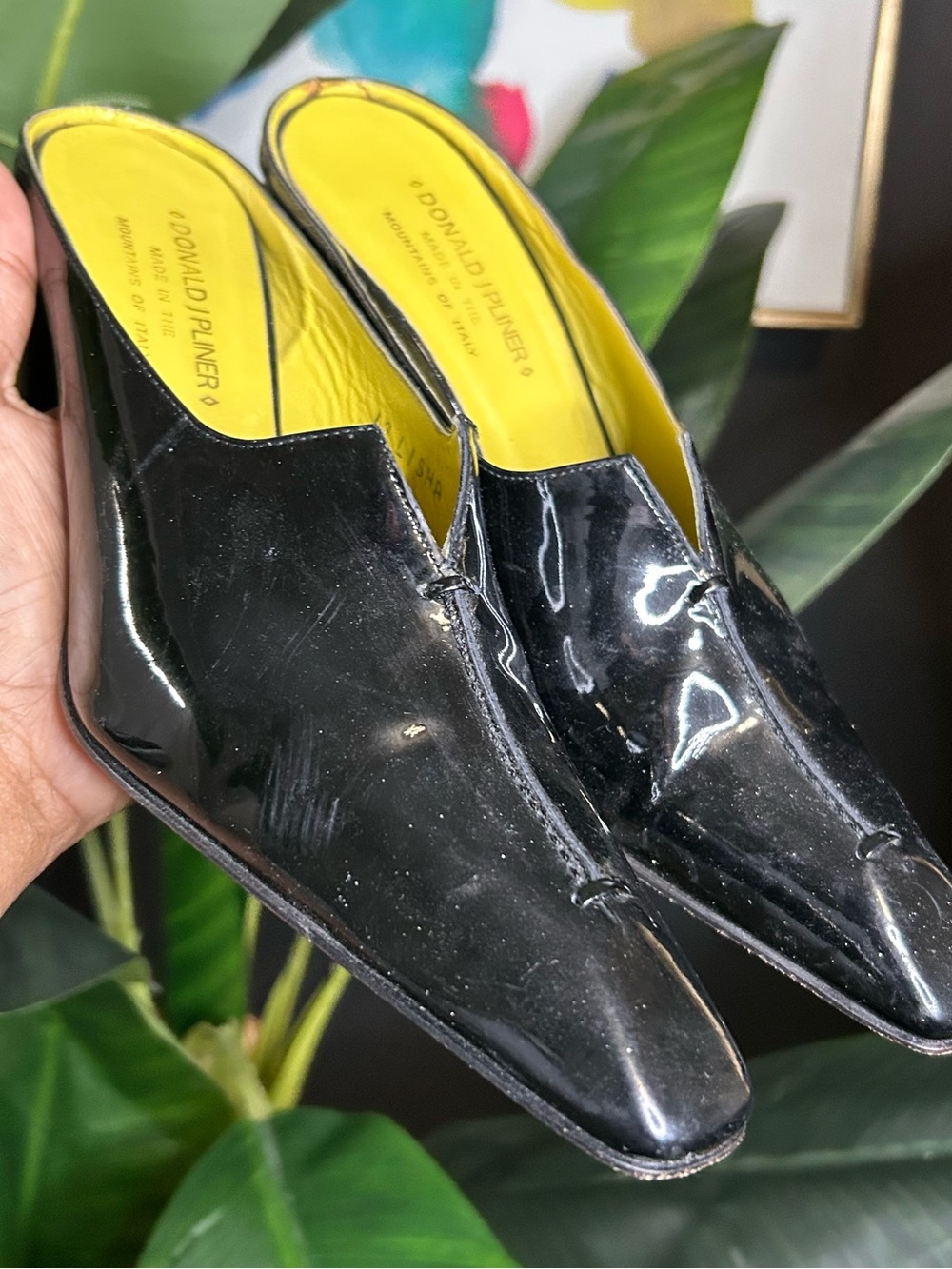 Donald J. Pliner Black Patent Leather Mule with Yellow Lining